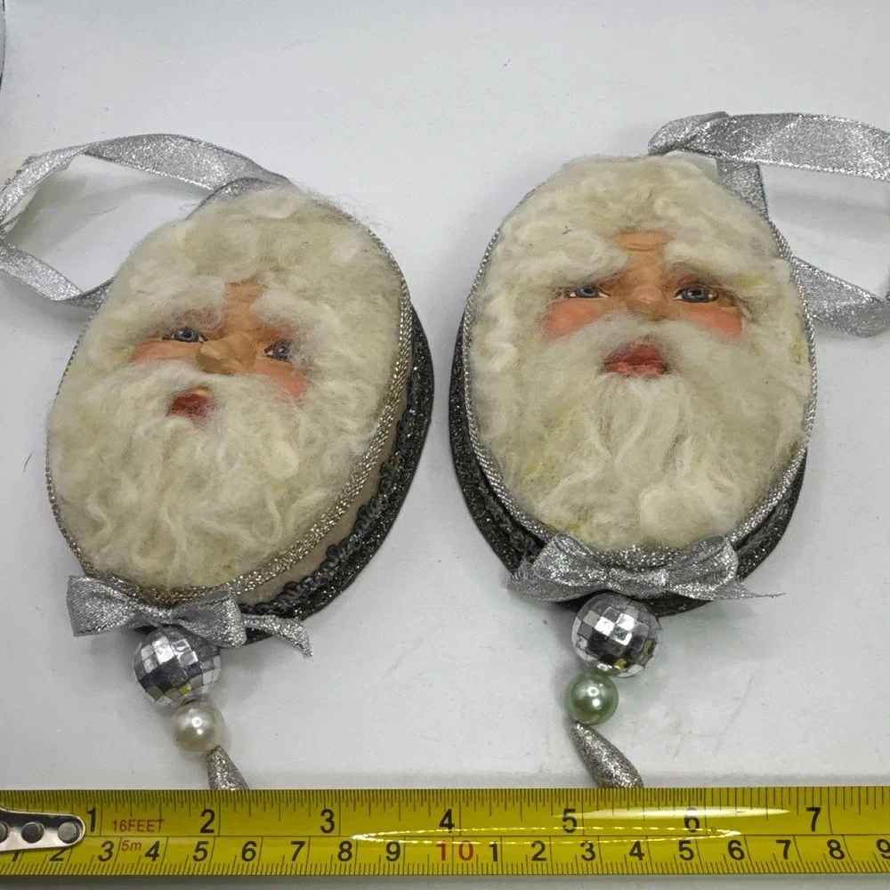 Vintage Santa Claus Head Ornaments‎ Pair Silver Glitter Disco Ball Faux Fur 2pc